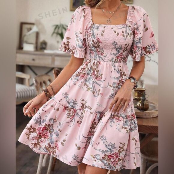 None Dresses & Skirts - VCAY Floral Print Square Neck Ruffle Hem Dress